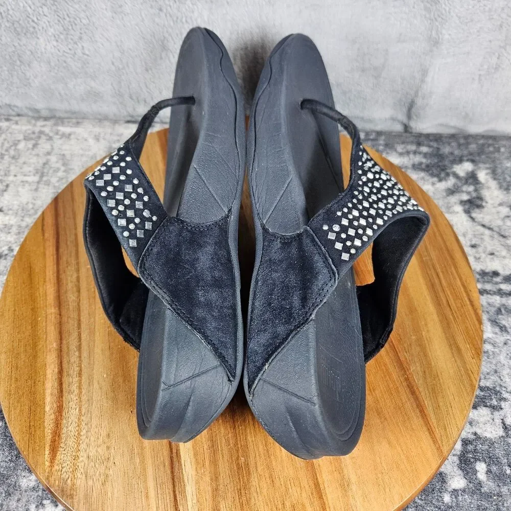 FitFlop Novy Navy Studded Thong Flip Flop Wedge Slip On Women Sandal Size 8